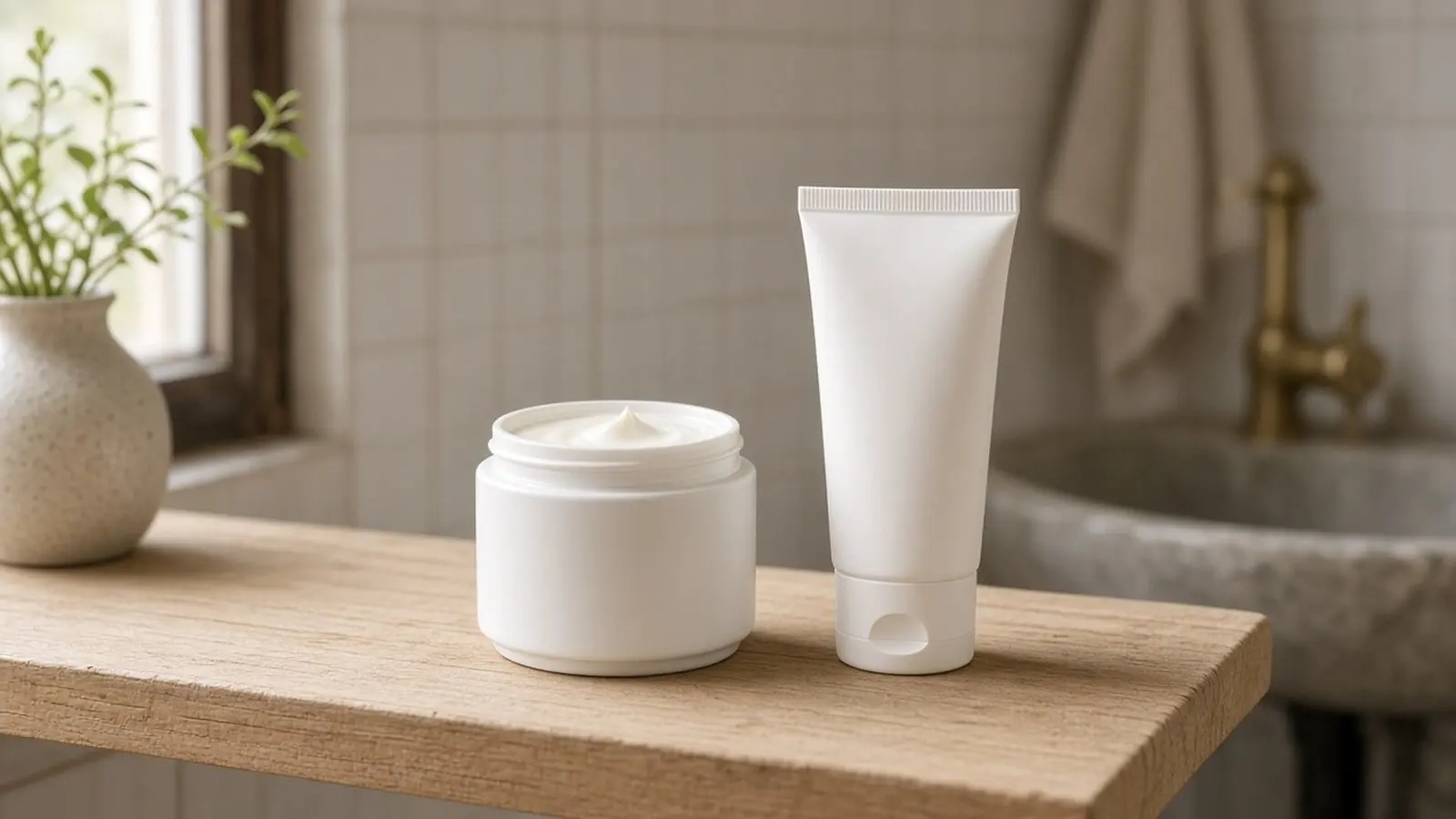 A small jar of white cream on a bathroom shelf beside a tube of sunscreen in soft morning light