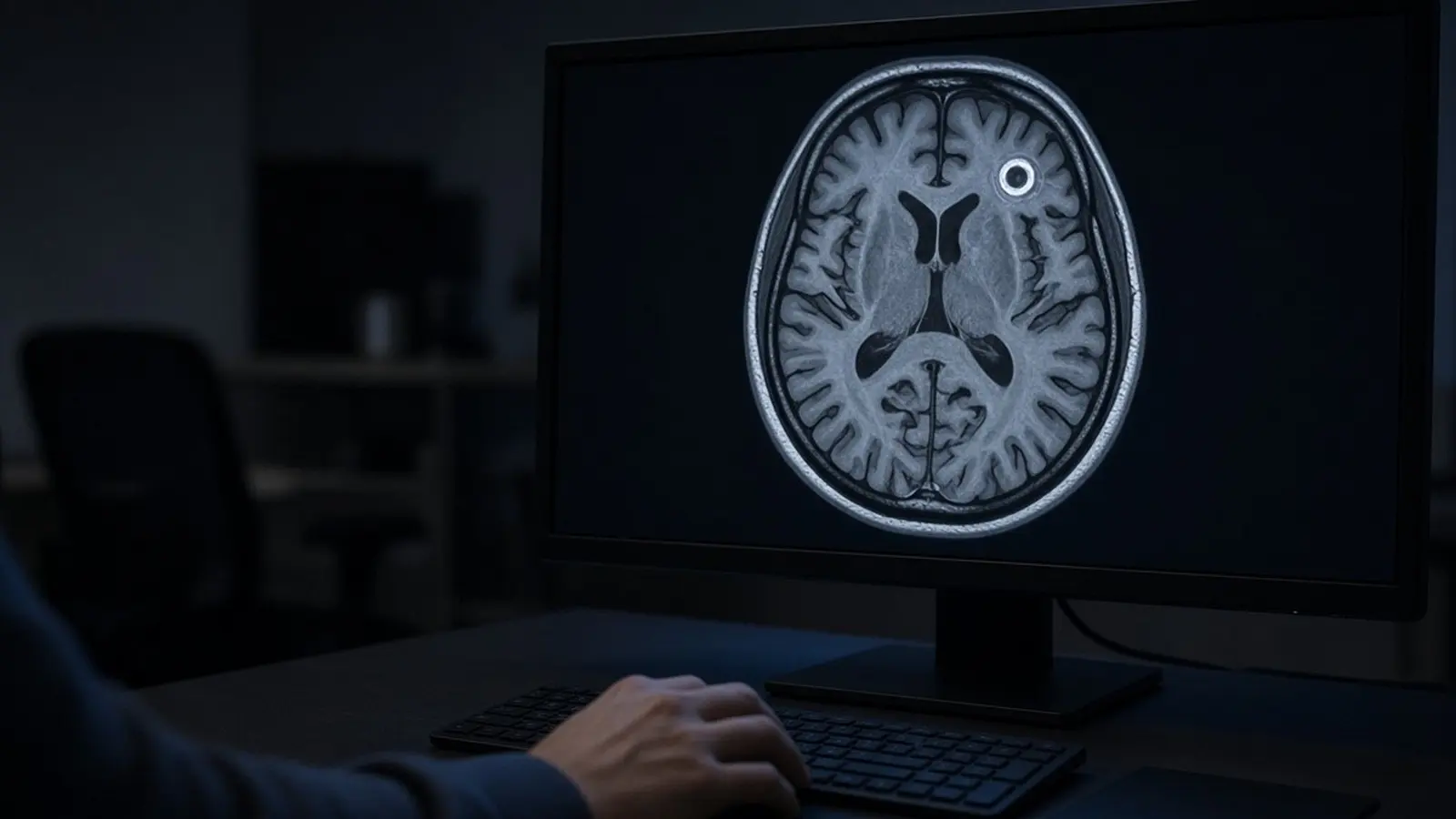 A radiologist's workstation showing a contrast brain MRI on screen in a dim reading room