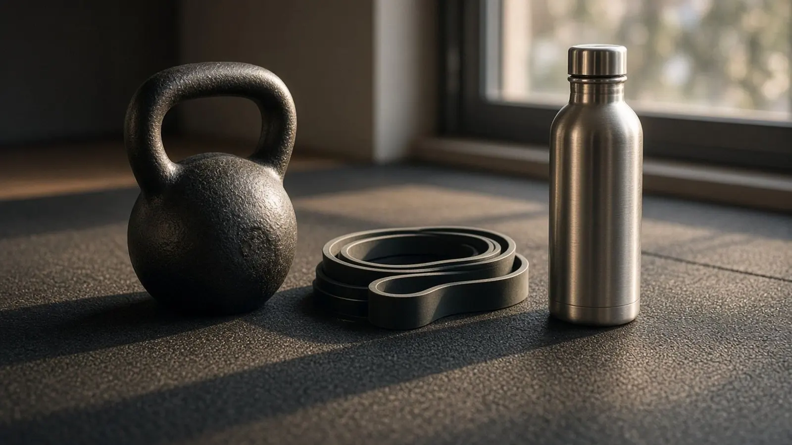 A kettlebell, resistance band and steel water bottle on a gym floor in warm morning light