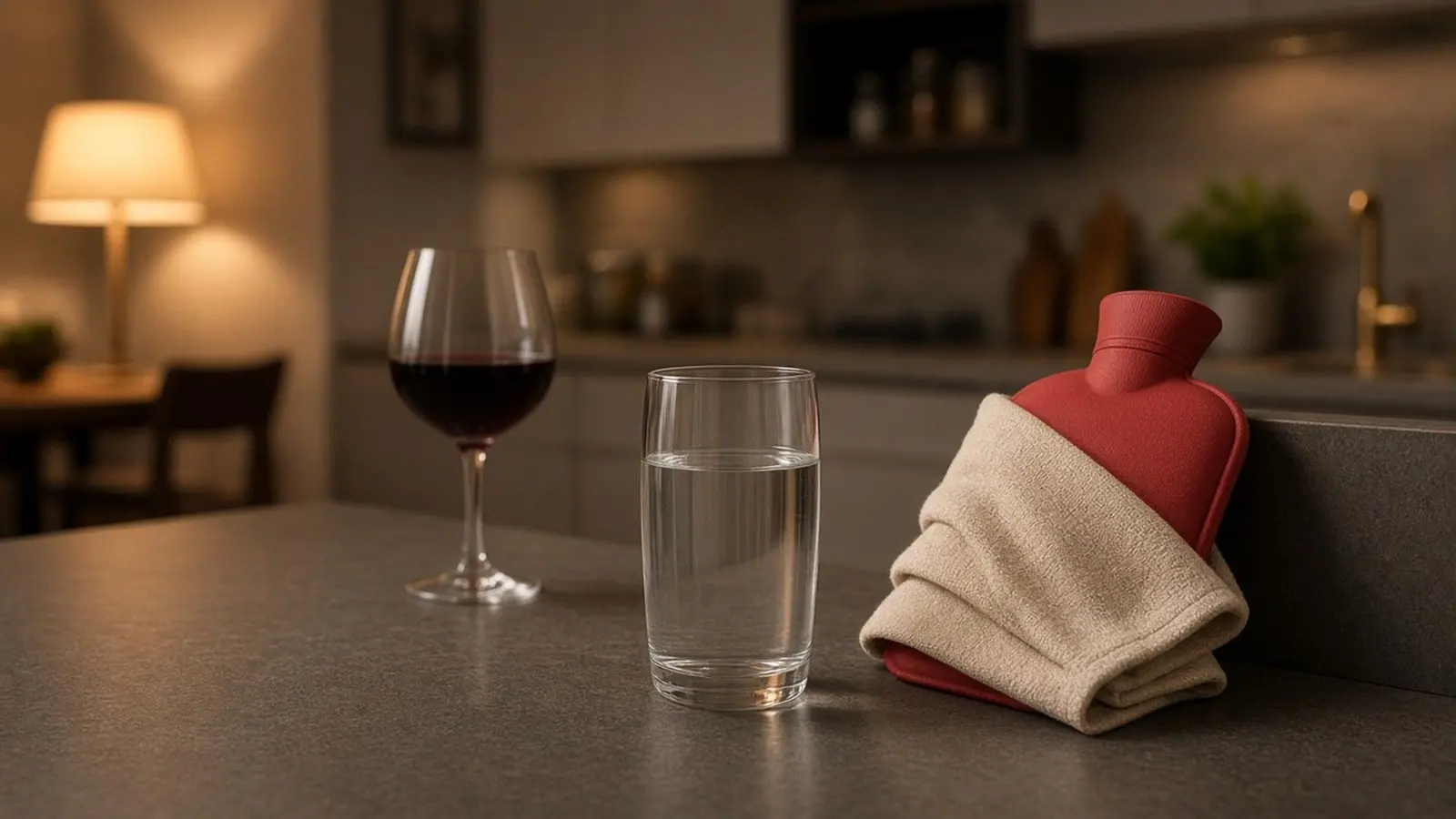 A glass of water and an untouched glass of red wine on a kitchen counter beside a hot water bottle