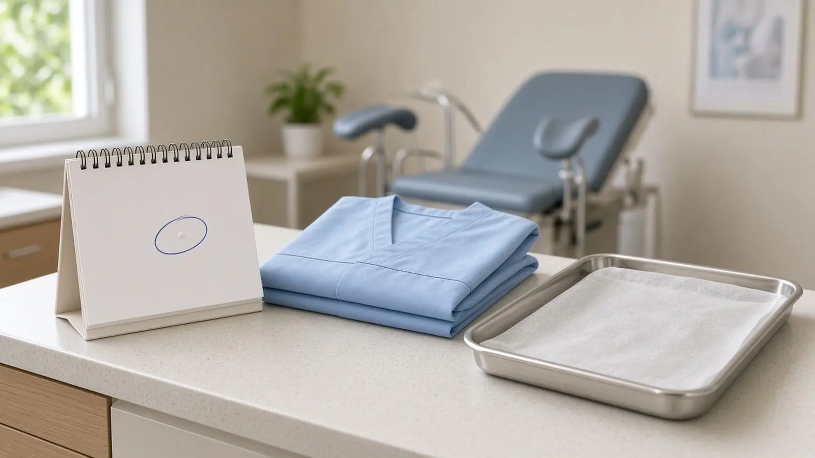 A calendar on a clinic desk with a date circled, beside a folded paper gown and a small speculum tray