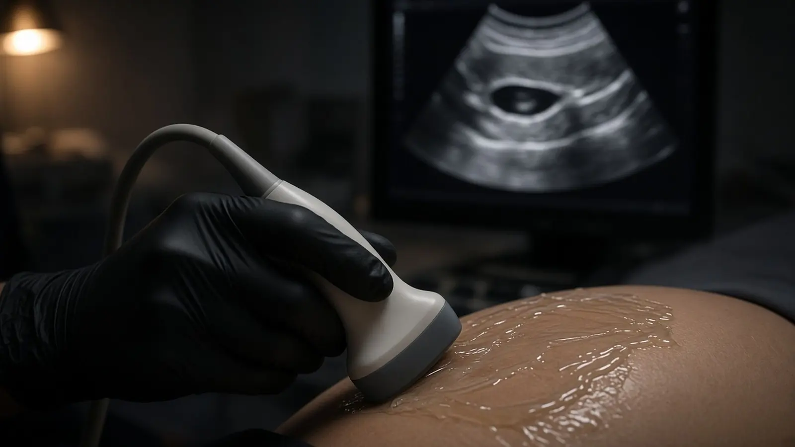 A sonographer's gloved hand holding an ultrasound probe against a gel-covered abdomen with the grey-scale image on a monitor behind
