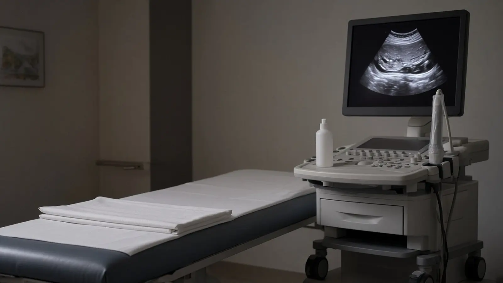 Ultrasound room with an examination couch, a covered transvaginal probe resting beside the machine and a folded sheet