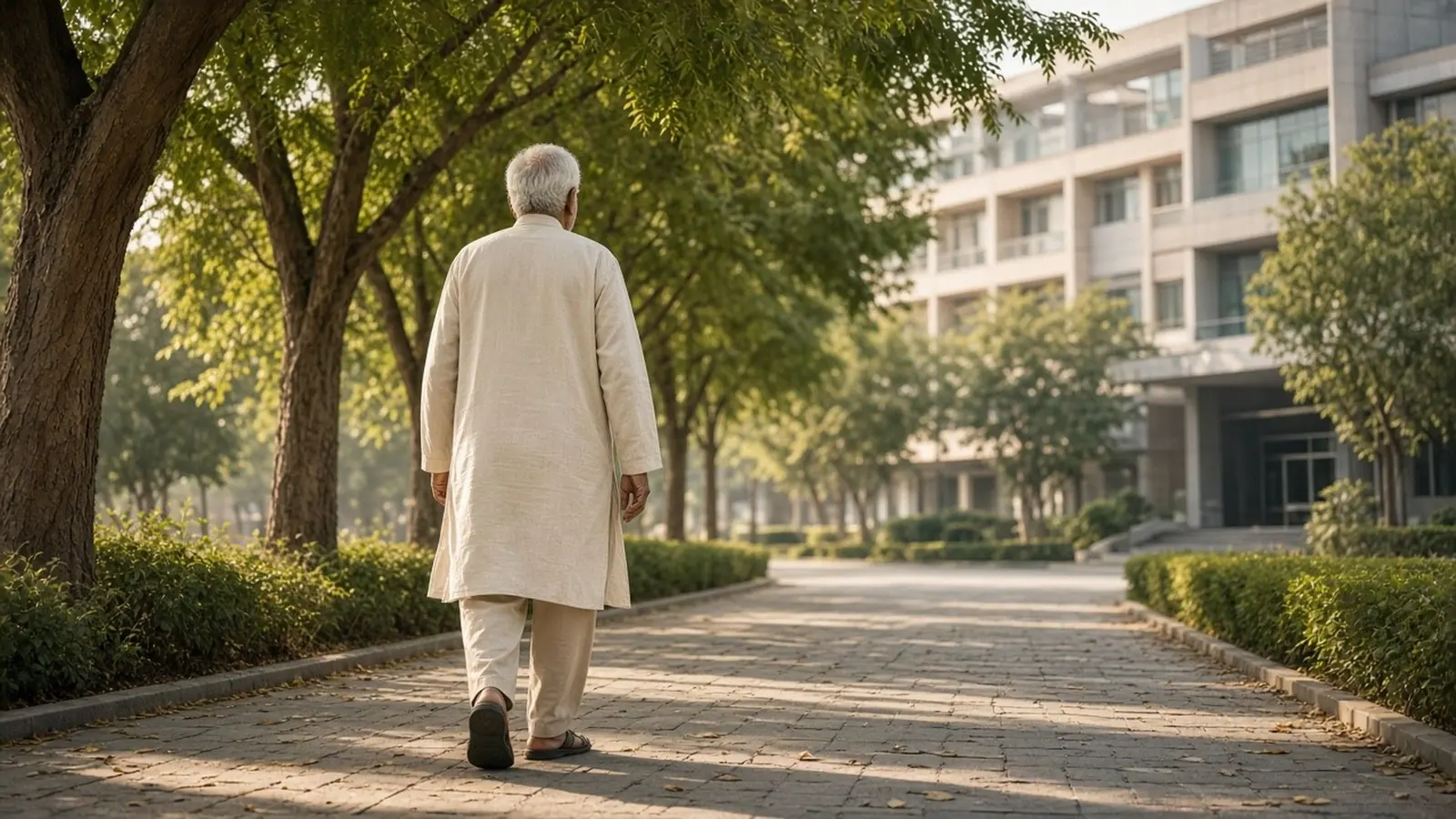A man in his sixties walking slowly along a tree-lined path outside an Indian hospital in early morning light