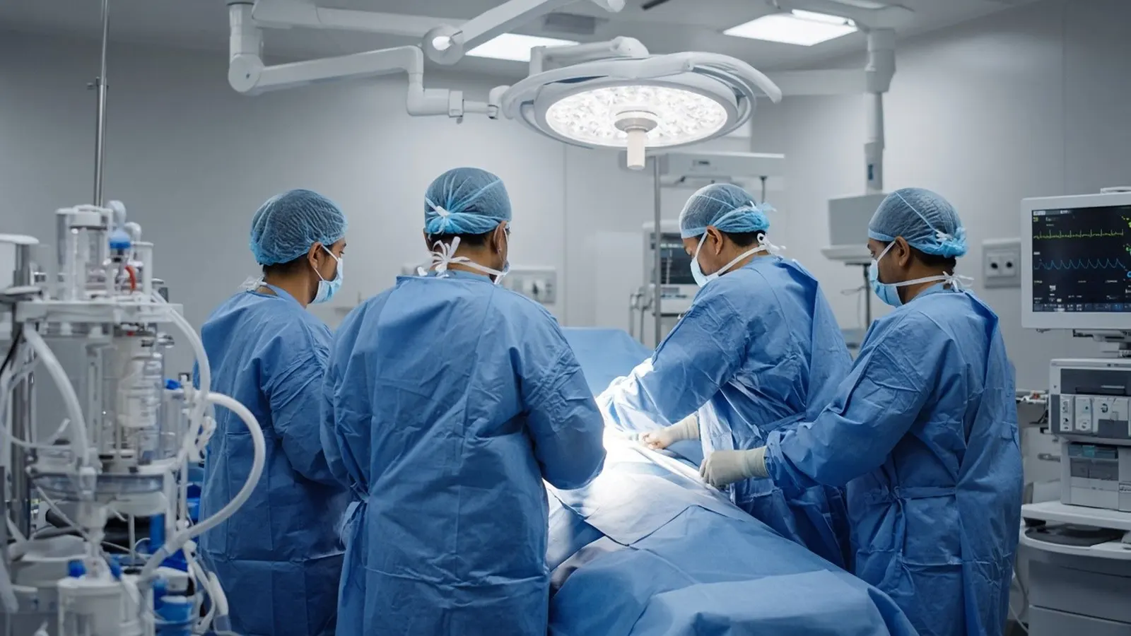 Cardiac operating theatre with a surgical team around a draped patient under bright lights