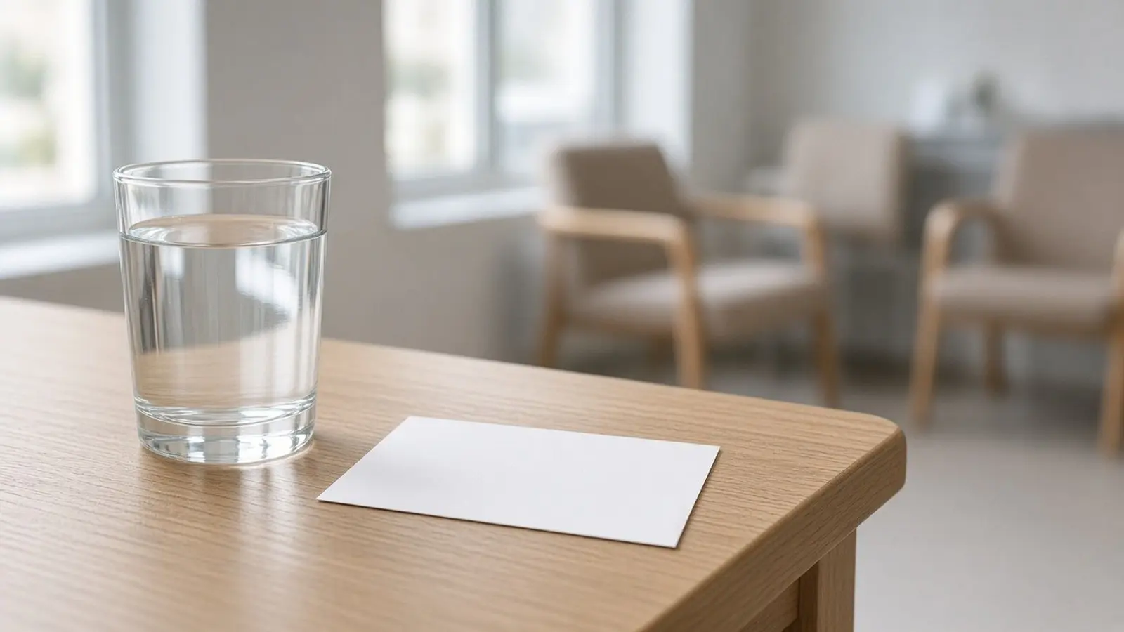 A glass of water and an appointment card on a table in a diagnostic centre waiting area