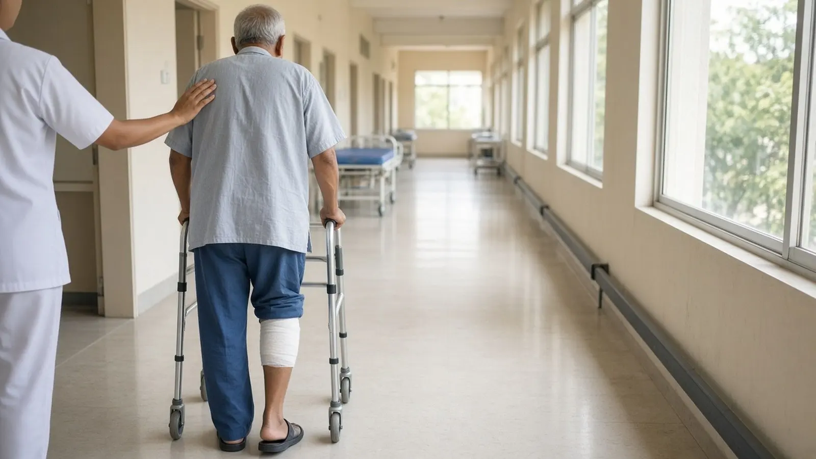 An older adult walking with a walking frame along a sunlit hospital corridor, one knee bandaged
