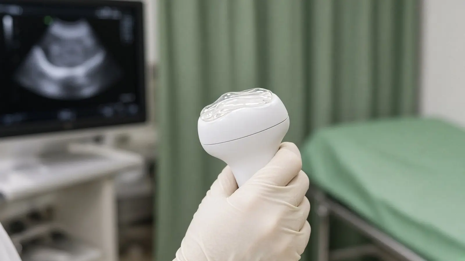 Sonographer's gloved hand holding an ultrasound probe beside a monitor in a quiet Indian clinic room